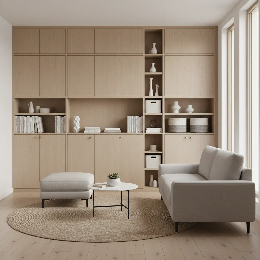 Built-in wall storage in a compact living room