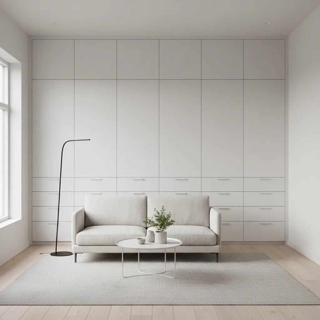 Minimalist living room featuring full wall white cabinets sofa round coffee table and floor light