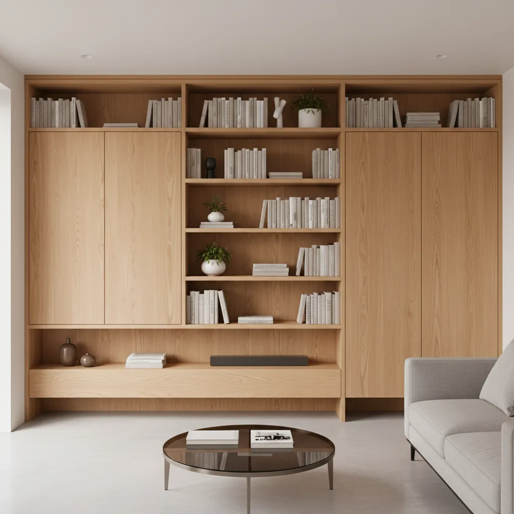 Large wooden wall cabinet with open shelves, books, grey sofa, and round glass coffee table