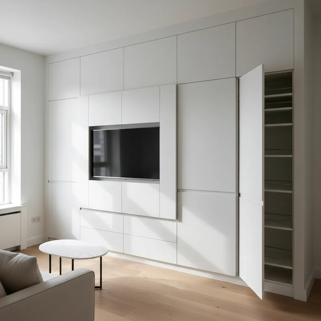Sistema de almacenamiento integrado en una pared de un apartamento pequeño