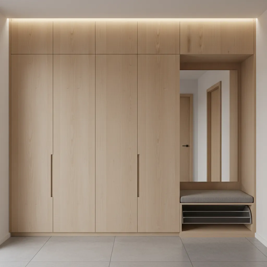 floor to ceiling built in storage cabinets in small home hallway