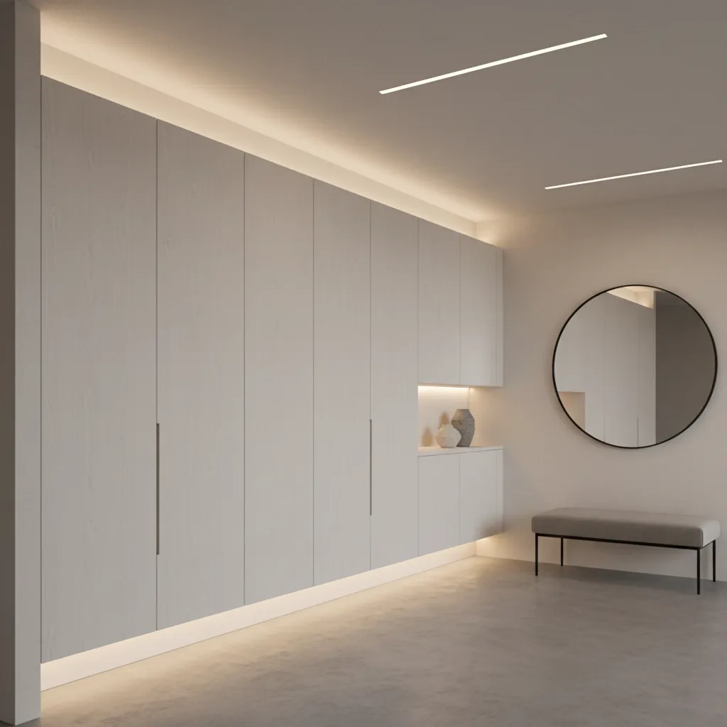 Built in storage cabinets integrated into hallway of modern home