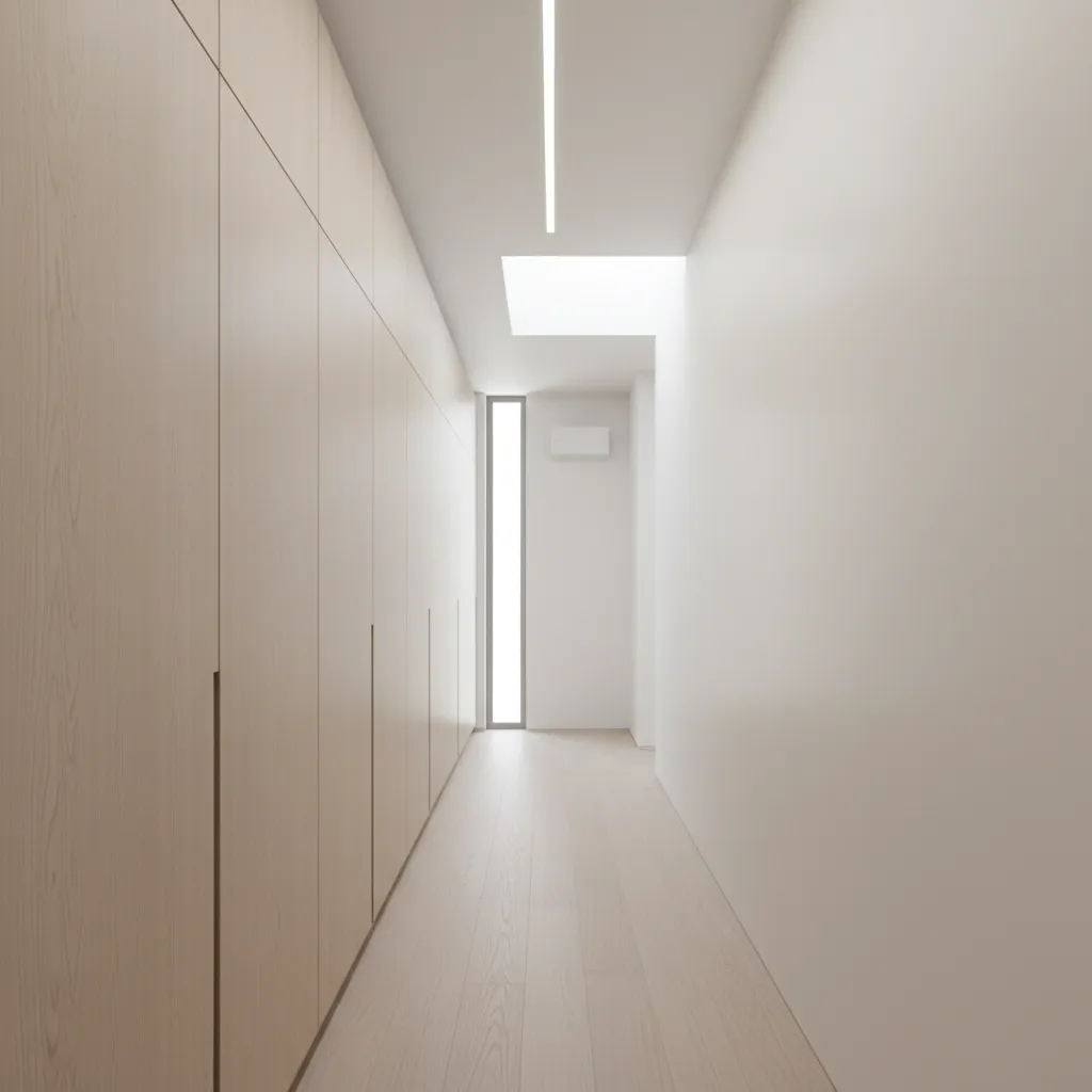 built in storage cabinets integrated into hallway wall in small home