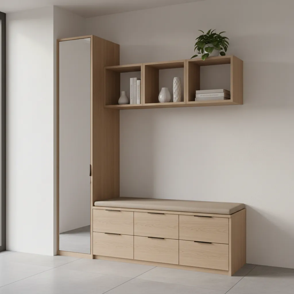 Built in storage cabinets and entry bench in small home interior