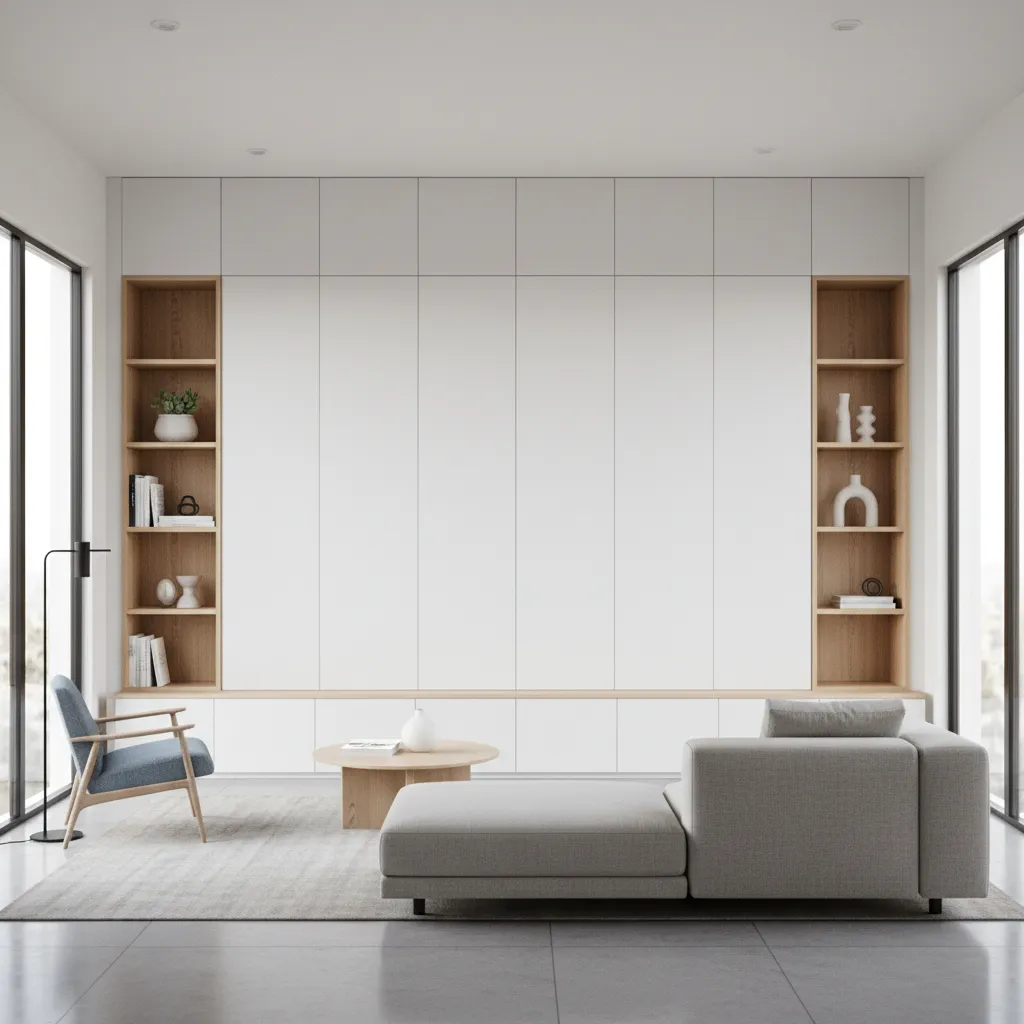 Built in storage wall in small house interior