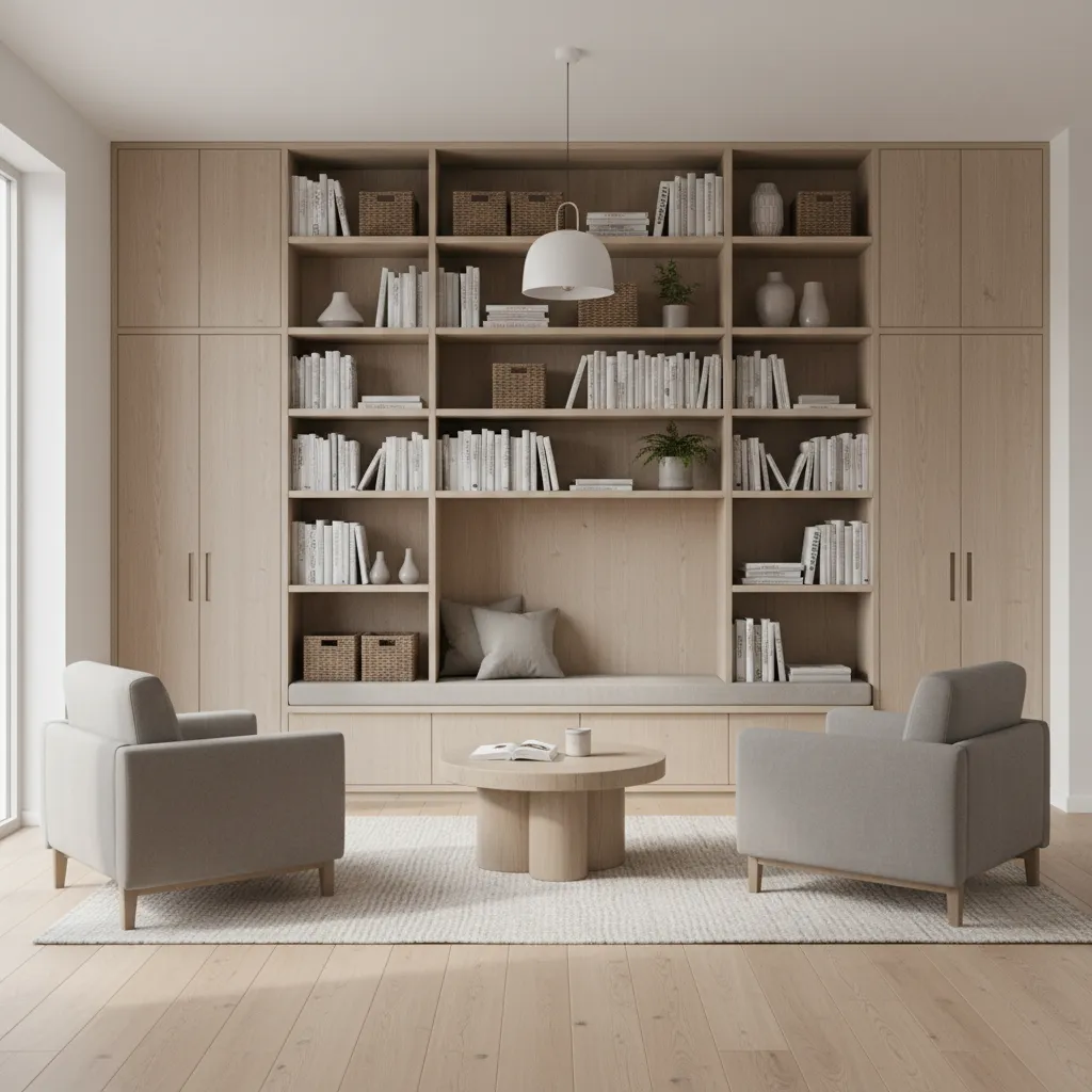 Built in wall storage in a compact small house living room