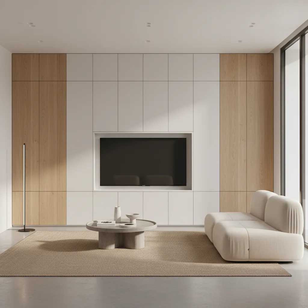 Built in wall storage cabinets in compact living room