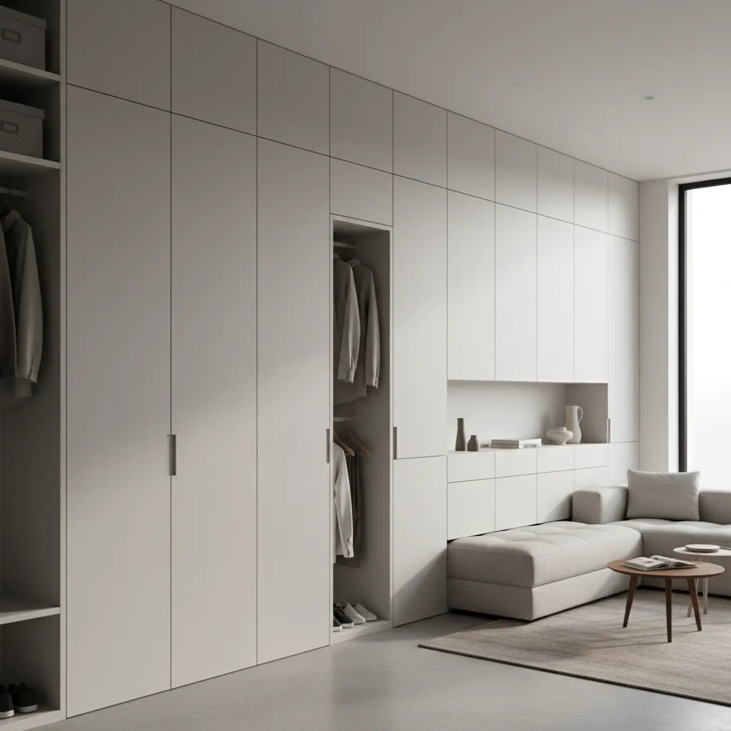 Built in wall storage and hidden cabinets in small home interior