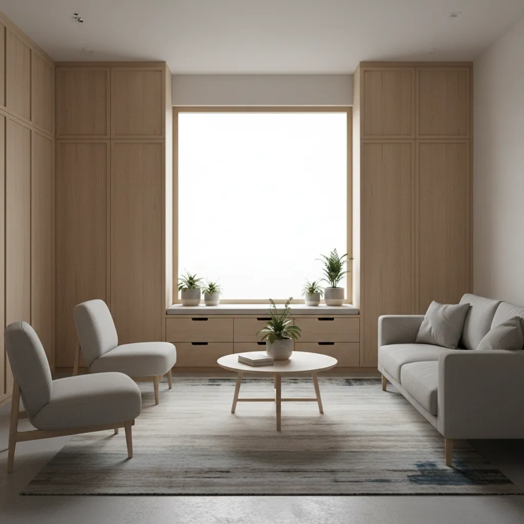 Built in wall storage cabinets and bench seating in a small house
