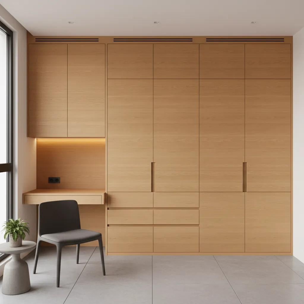 Custom built in storage integrated into a small modern living space
