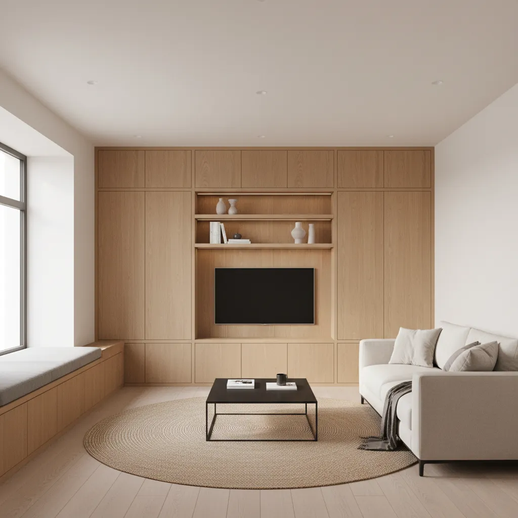 Minimalist living room with wooden wall cabinet television white sofa round rug and coffee table