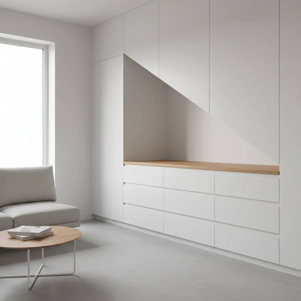 Custom built in storage cabinets installed under sloped attic ceiling