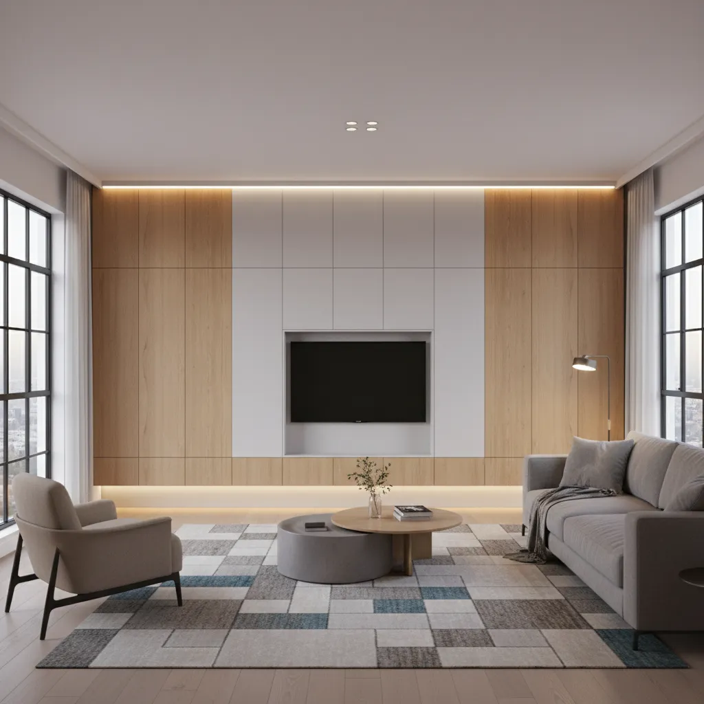 built in storage wall in a small apartment living room