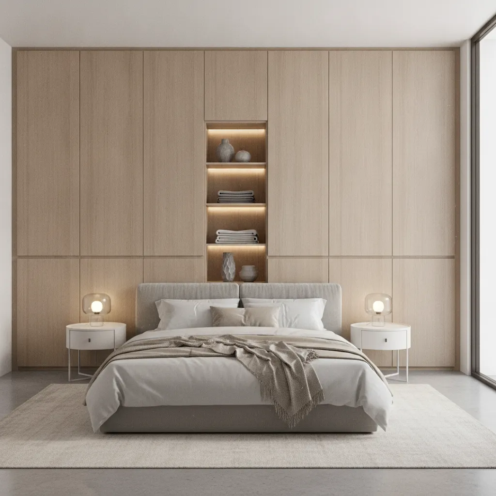 Bedroom with floor to ceiling built in storage wardrobe wall