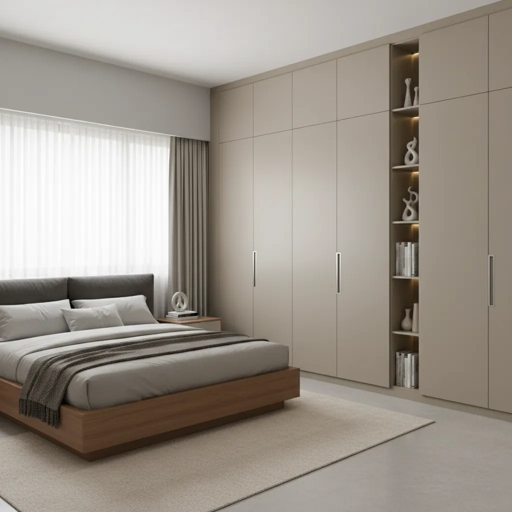 Floor to ceiling built in wardrobe storage in modern apartment bedroom