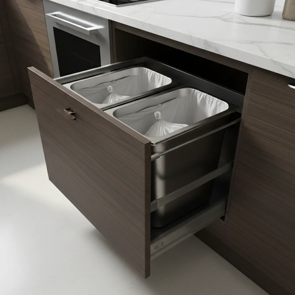 pull out kitchen trash cabinet with dual bins inside base cabinet