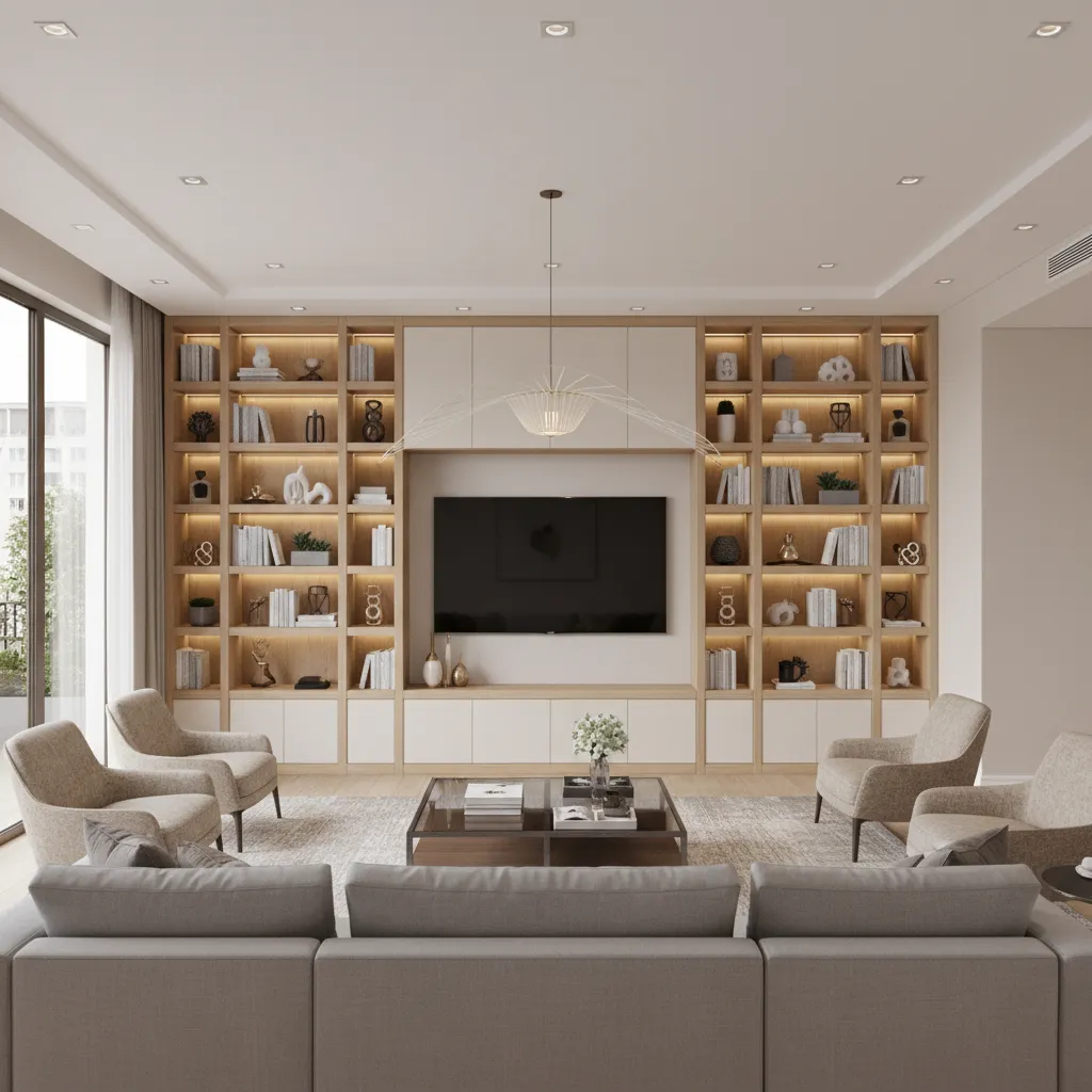 Large built in TV showcase wall unit with shelves and cabinets