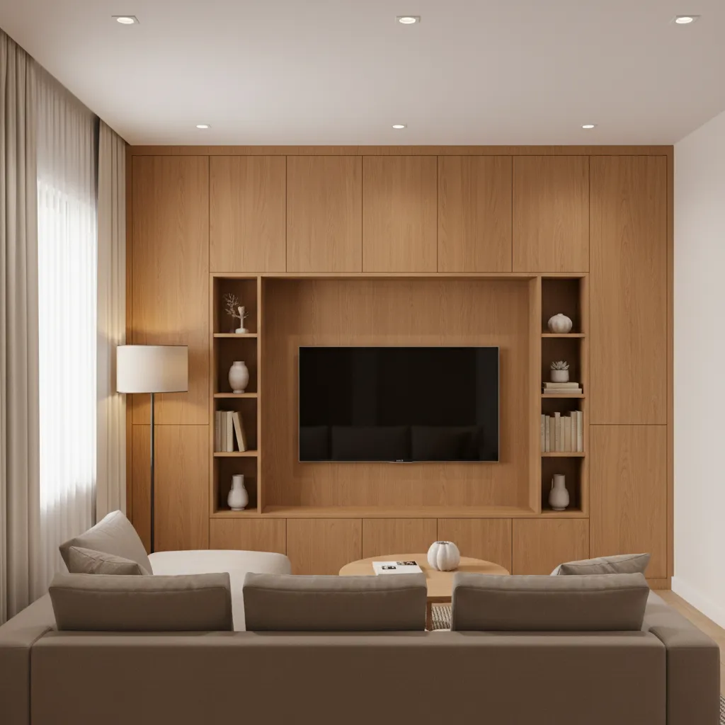 built-in media wall with storage around TV in compact living room
