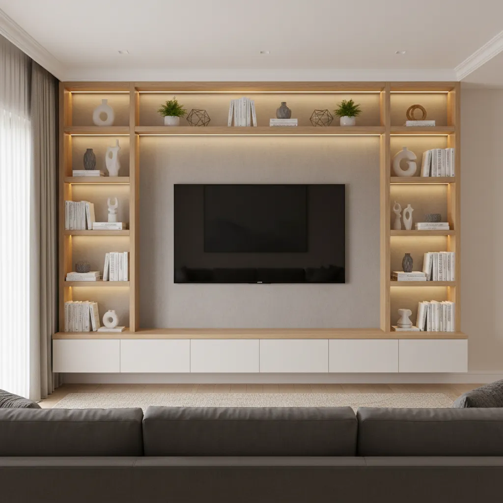 Living room media wall with built in shelves around television