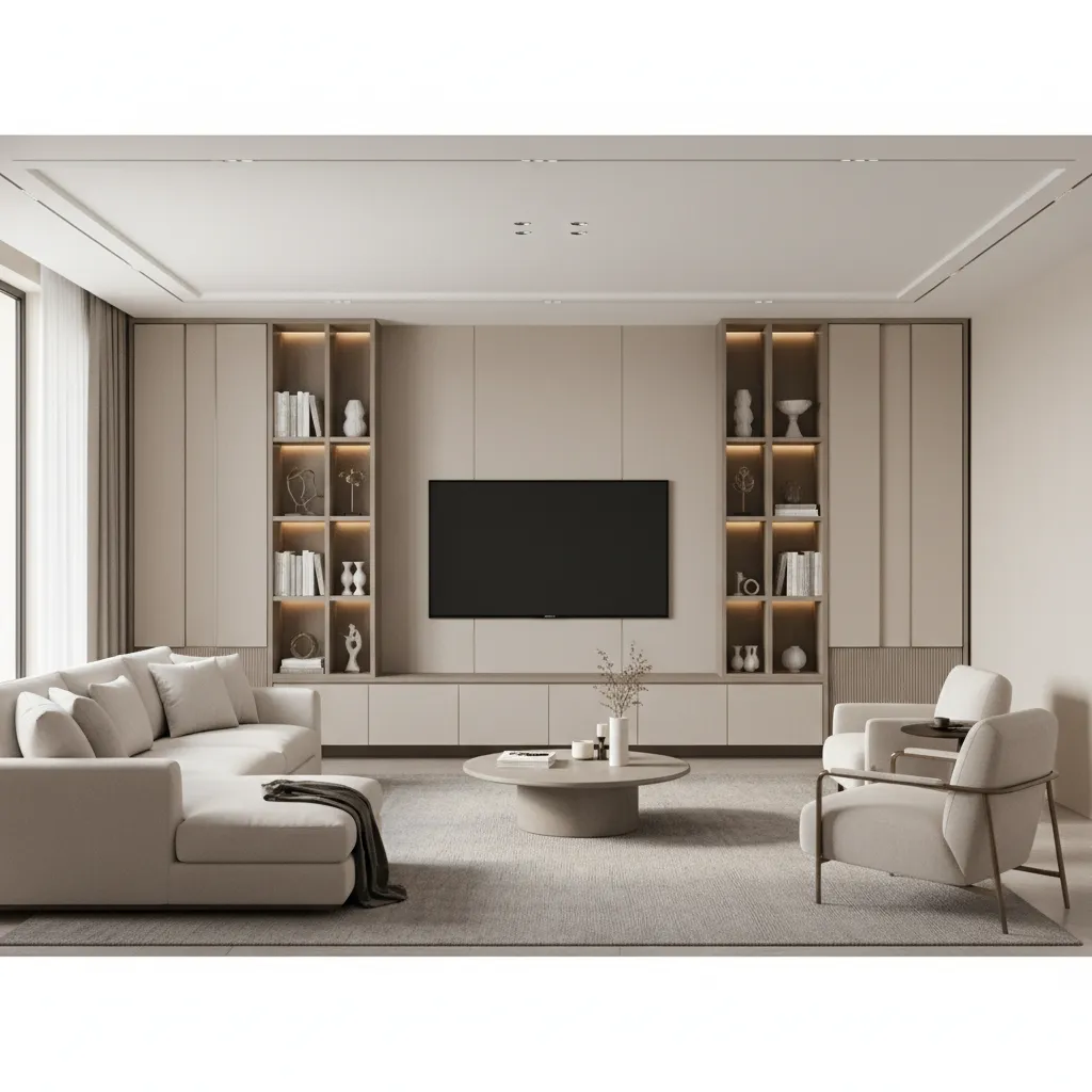 Built-in media wall with shelves and TV in a small square living room