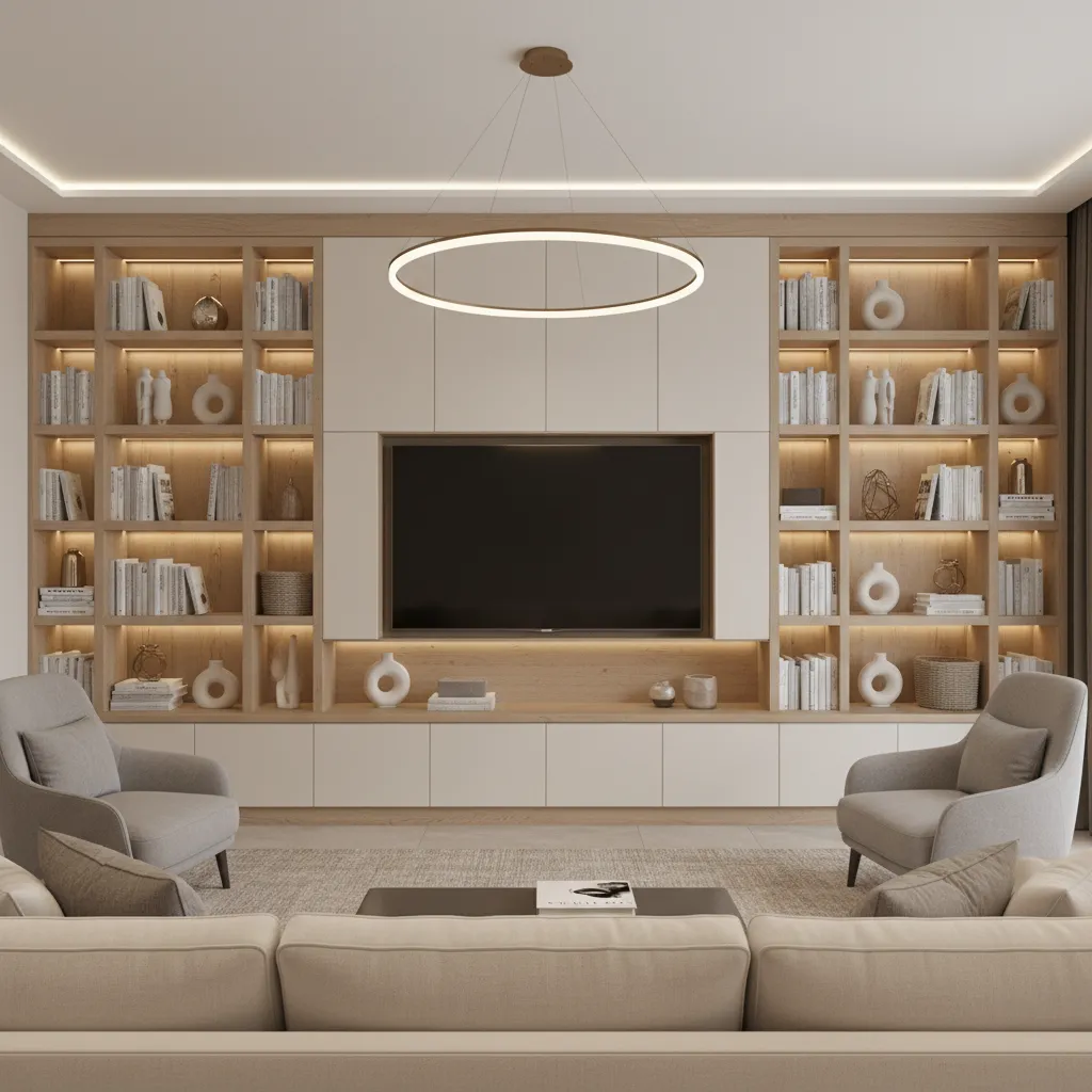 Large wooden wall cabinet with TV lit bookshelves grey chairs and a ring ceiling light