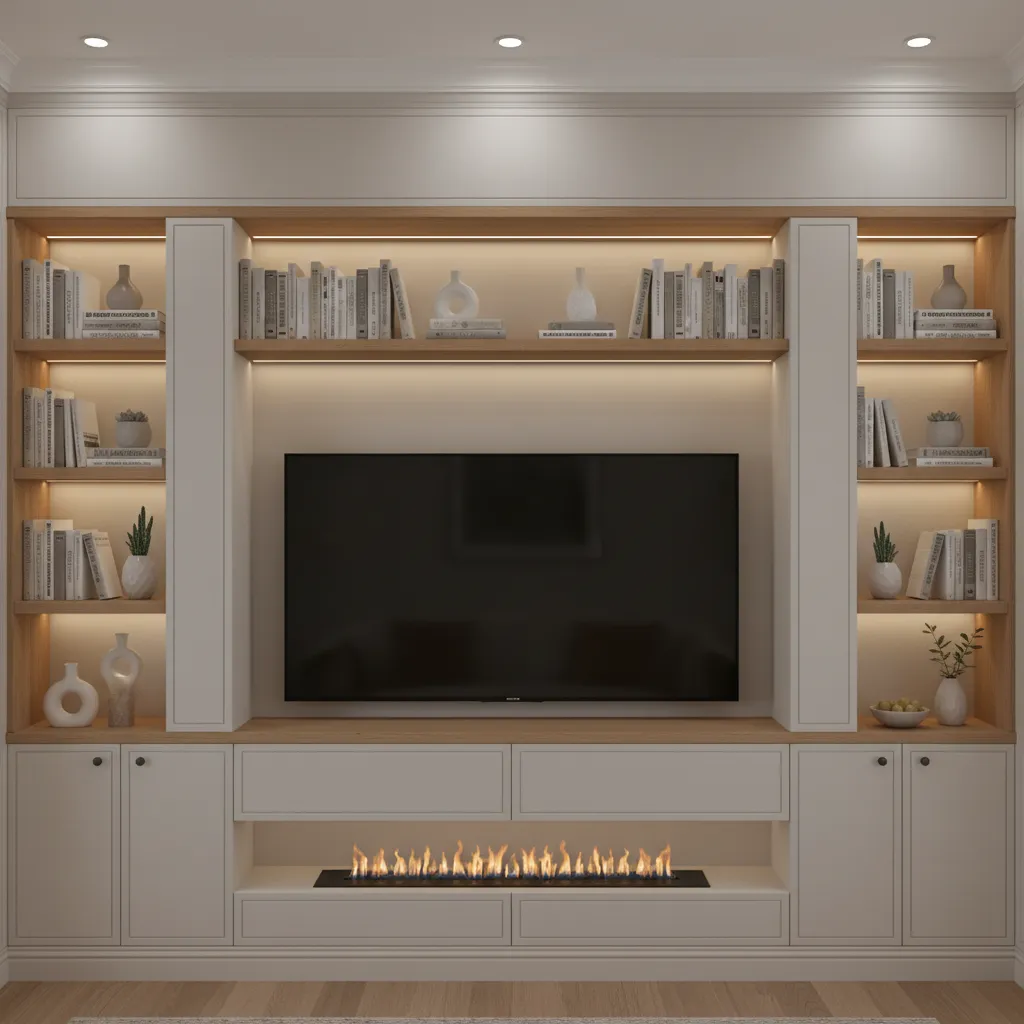 built in tv wall with shelves and cabinets in modern living room