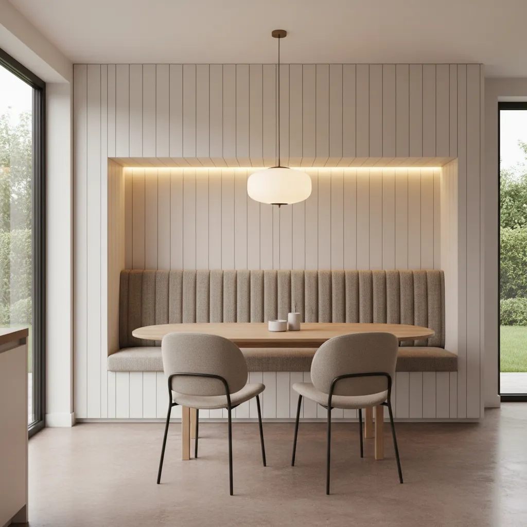 Built in fully upholstered kitchen banquette seating with integrated bench cushion