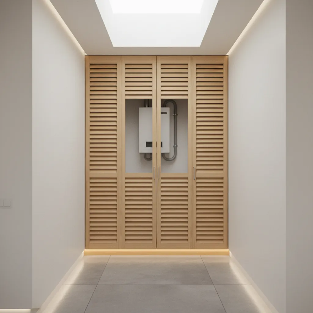 Built in utility closet with vented doors hiding a hot water heater