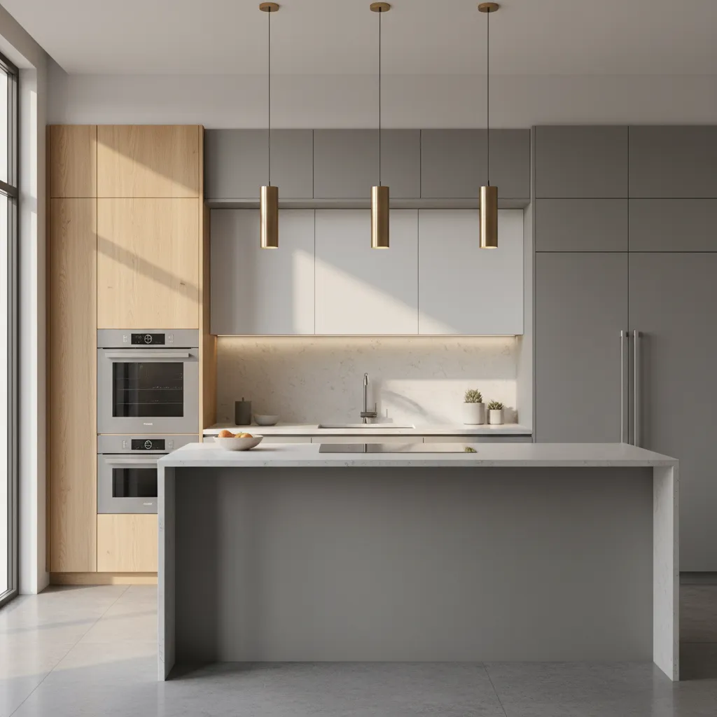 modern built in wall oven installed in tall kitchen cabinet