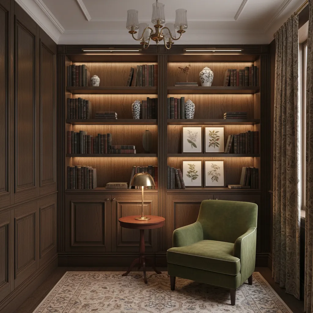 Built in wall shelves in classic English interior design