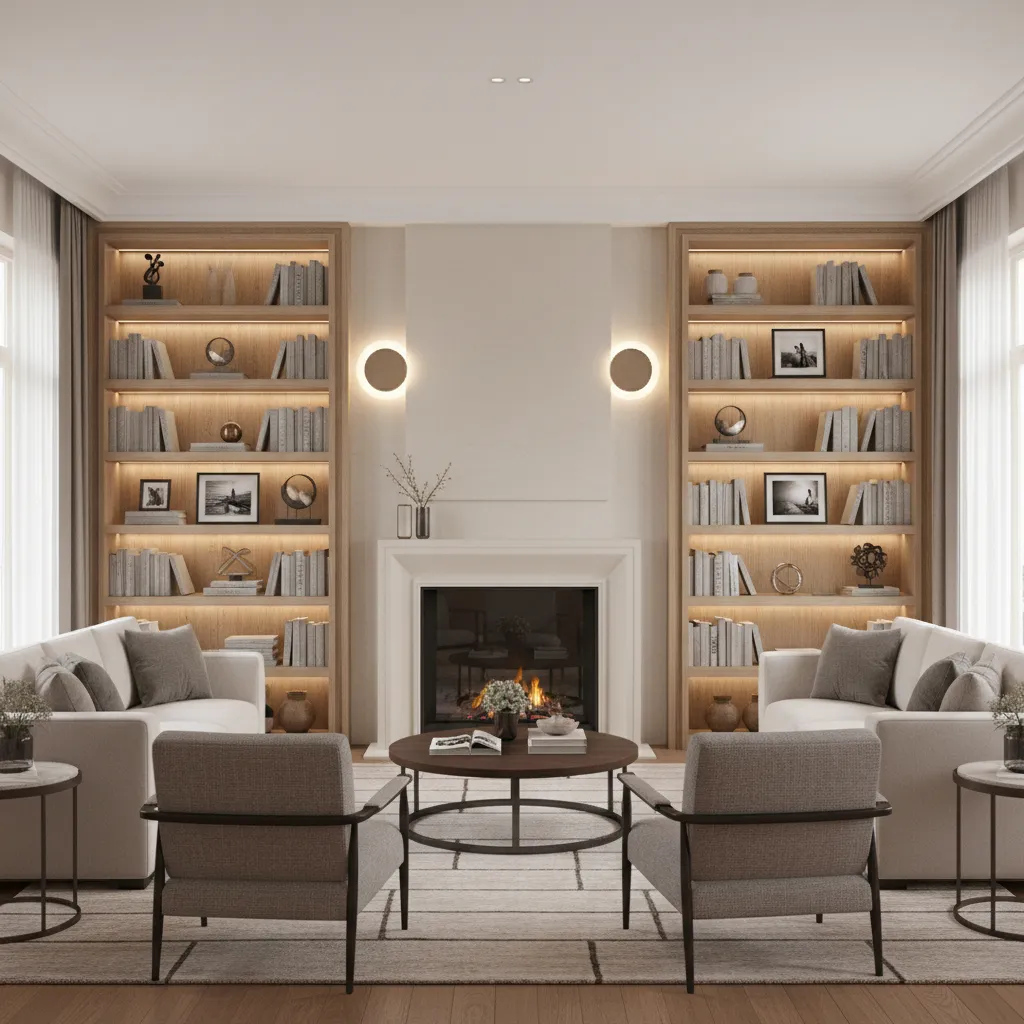 built in wall shelves surrounding a living room fireplace