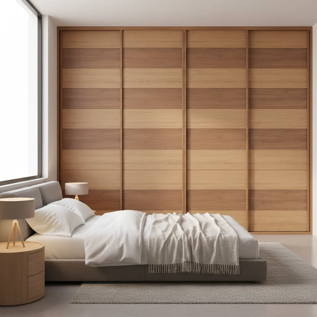 Built-in wooden wardrobe with sliding doors in a modern bedroom