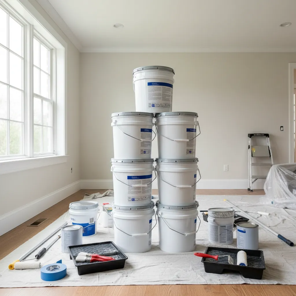 multiple large paint buckets prepared for interior painting in a big house