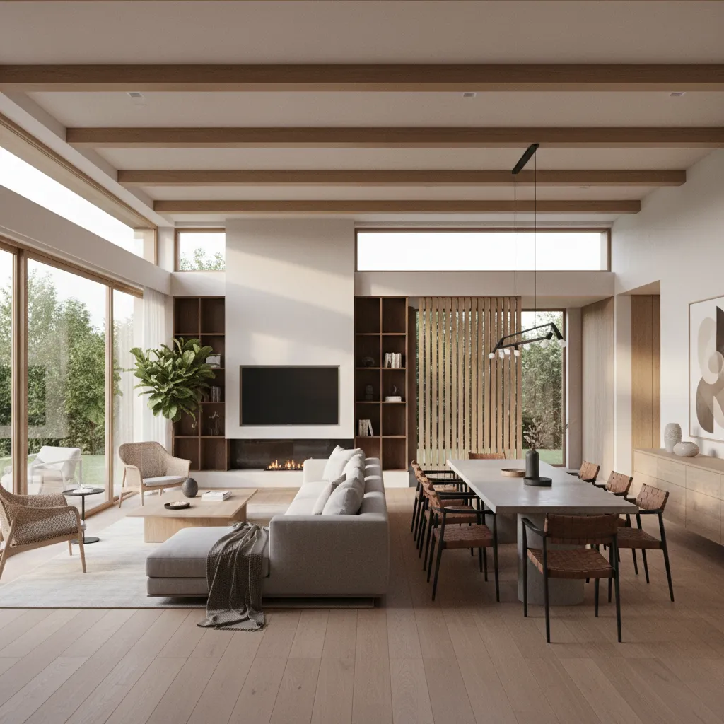 3D visualization of a bungalow interior showing furniture placement and lighting