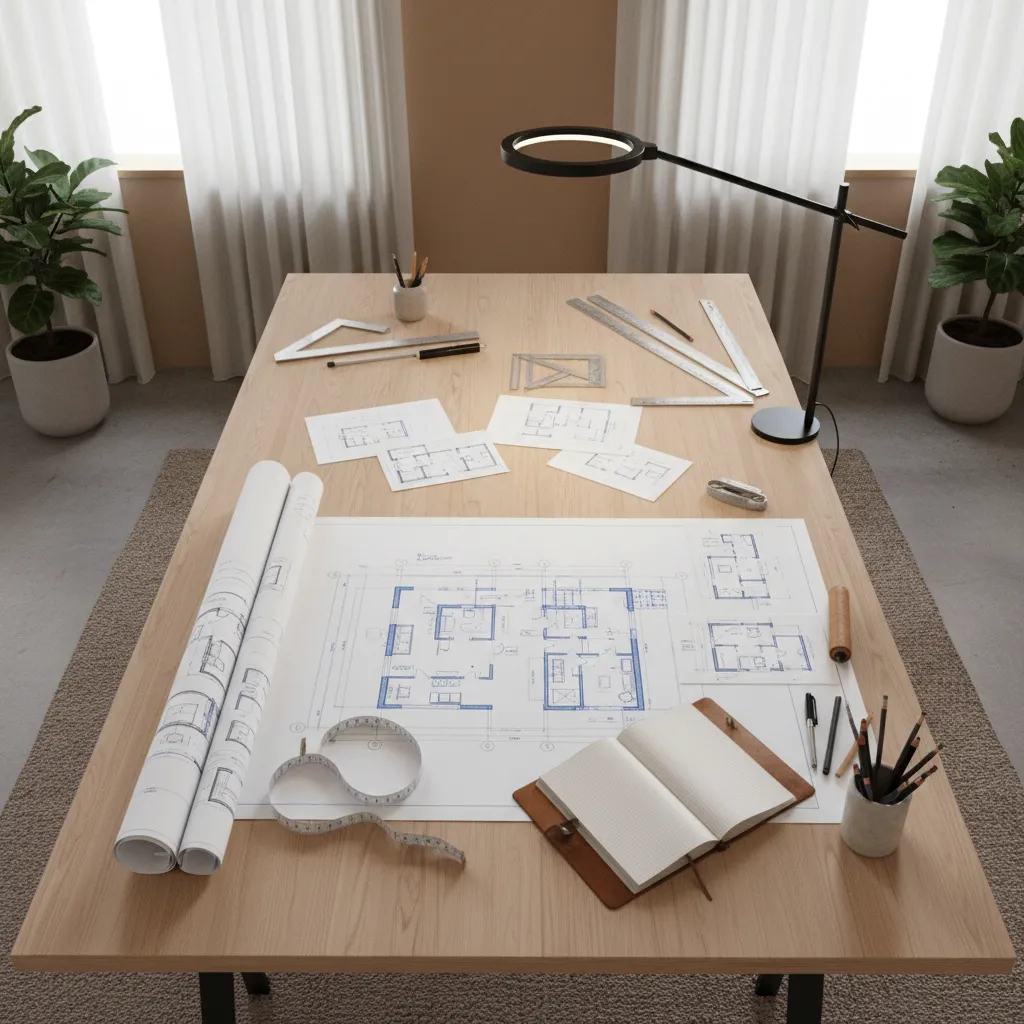 designer reviewing bungalow floor plan layout on table with sketches and measurements
