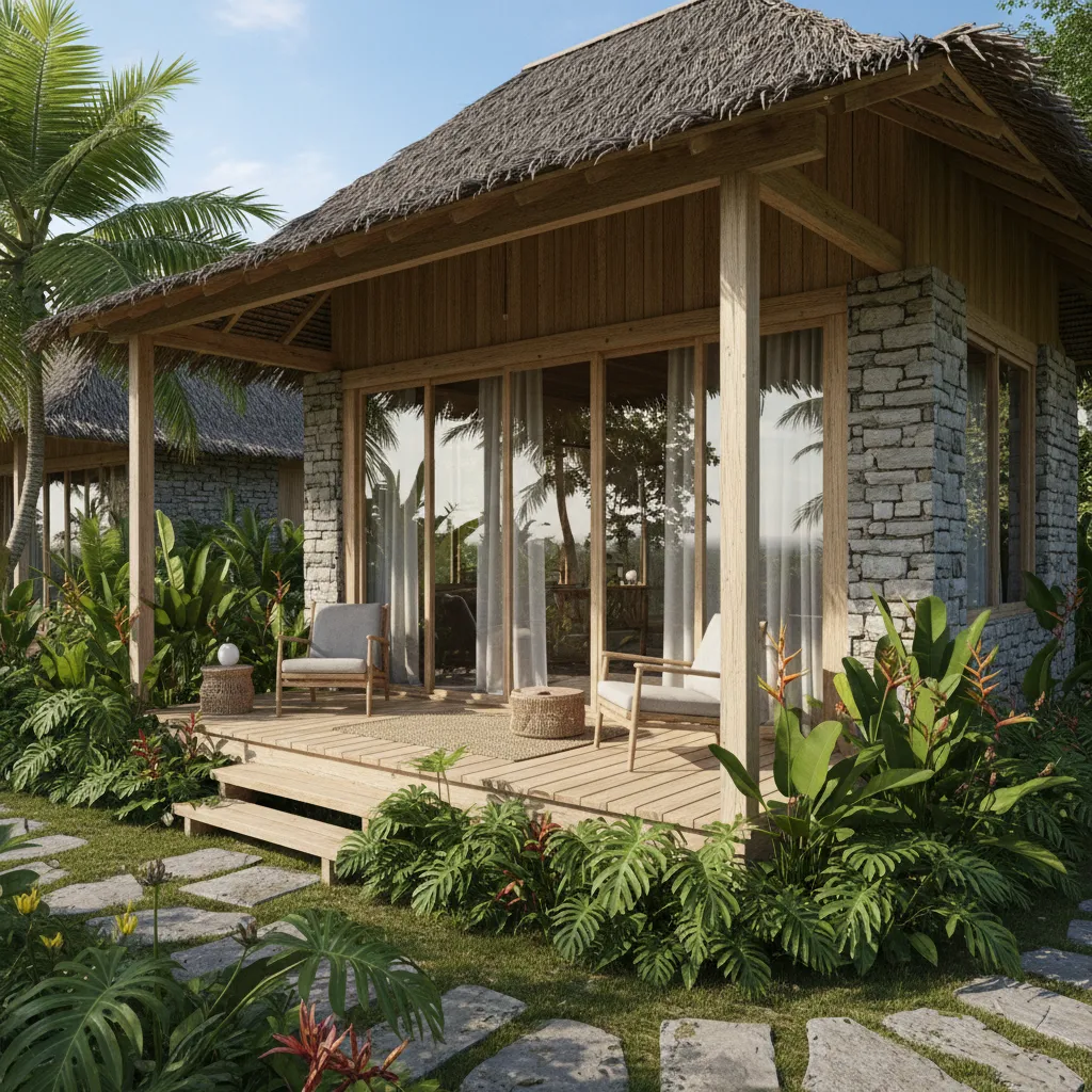 Ngoại thất nhà bungalow nhỏ với hiên và sân vườn