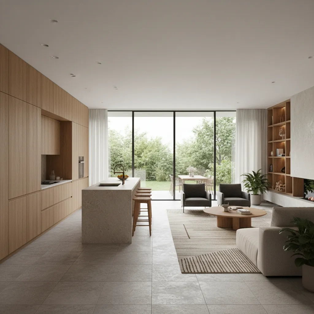 Modern bungalow interior highlighting cabinetry flooring and furniture elements
