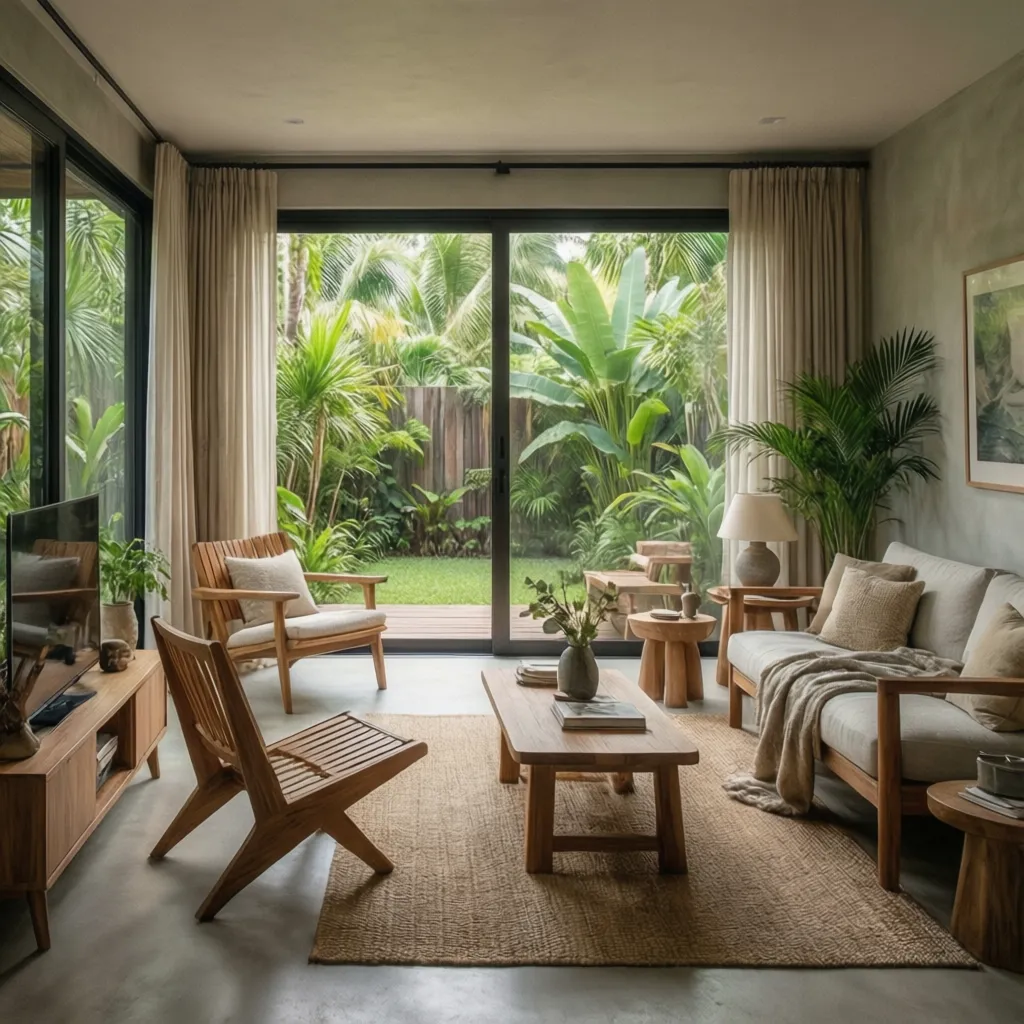 Không gian nội thất bungalow với cửa kính lớn