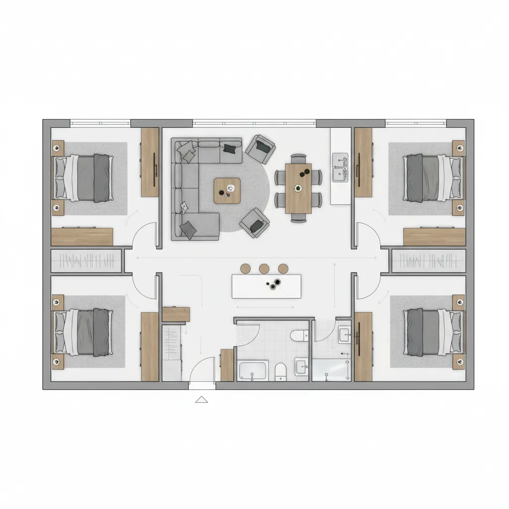Bungalow interior layout planning with furniture zones and walking paths