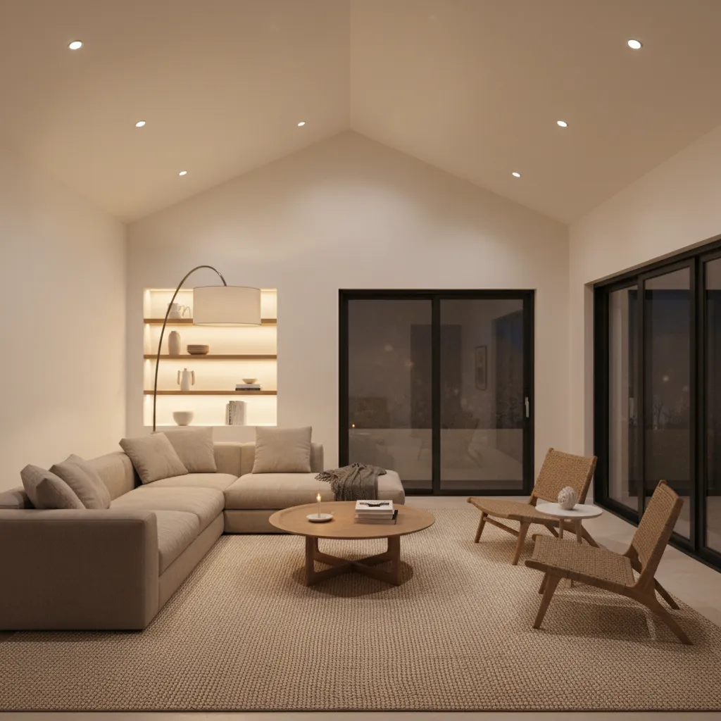 Layered lighting in modern bungalow living room interior