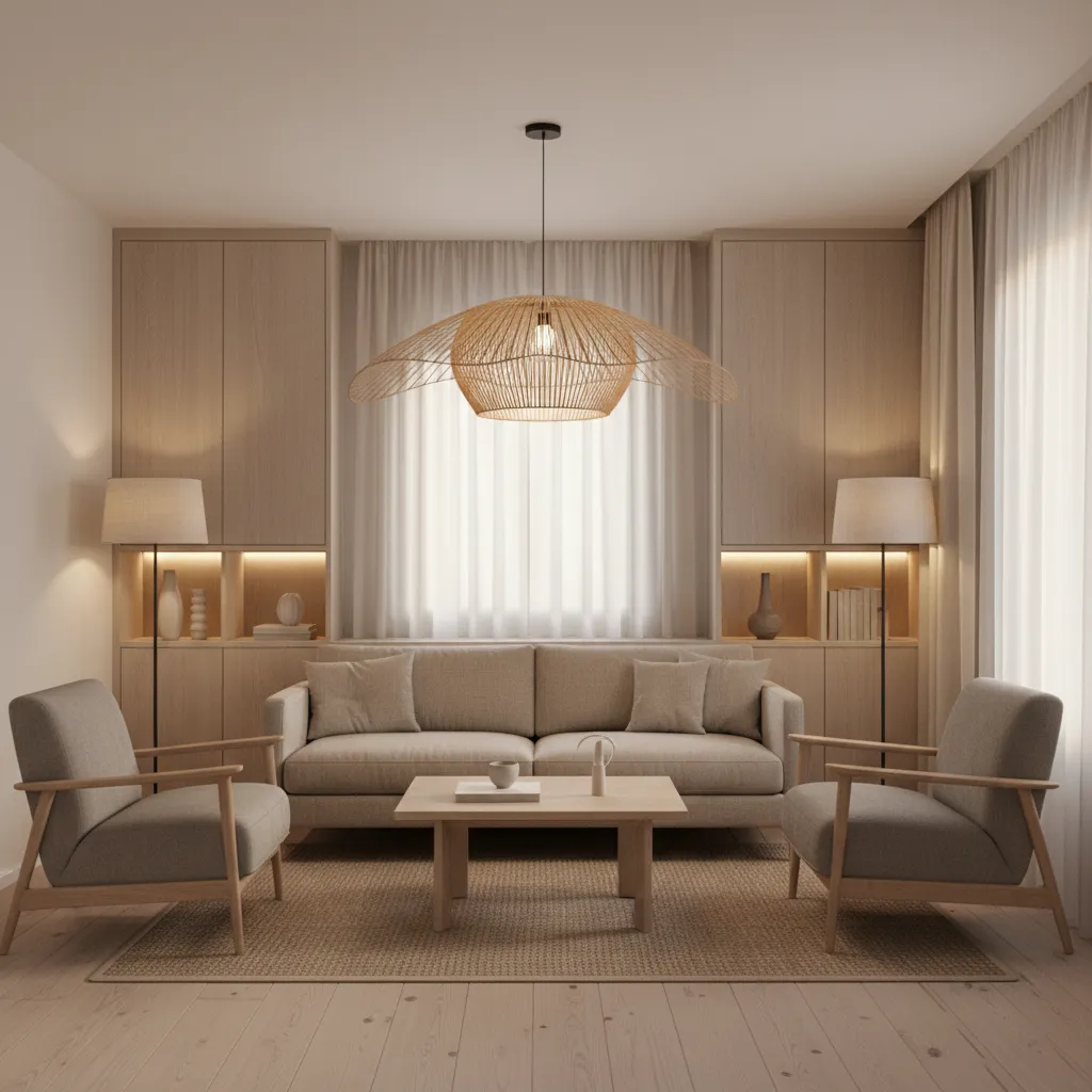 small bungalow living room showing lighting furniture and storage elements working together