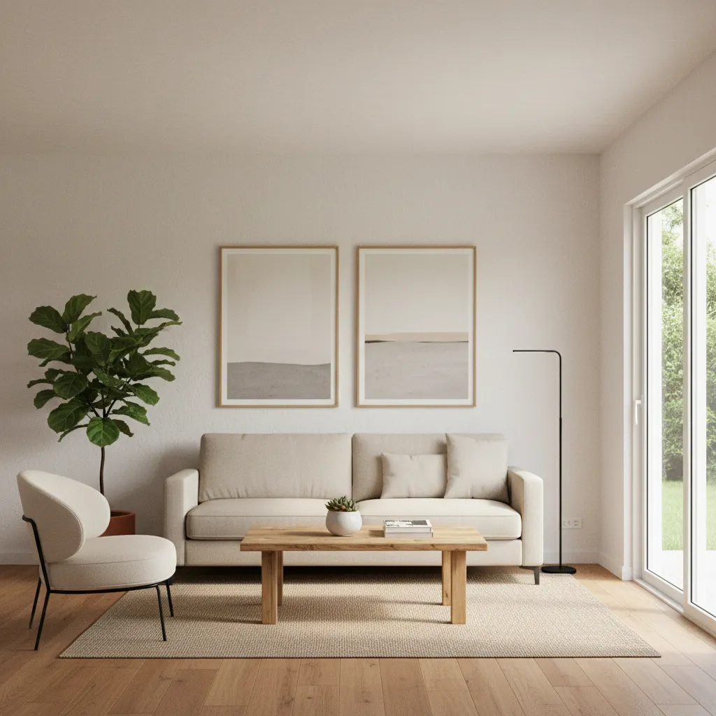 Simple modern bungalow living room with affordable furniture and neutral decor