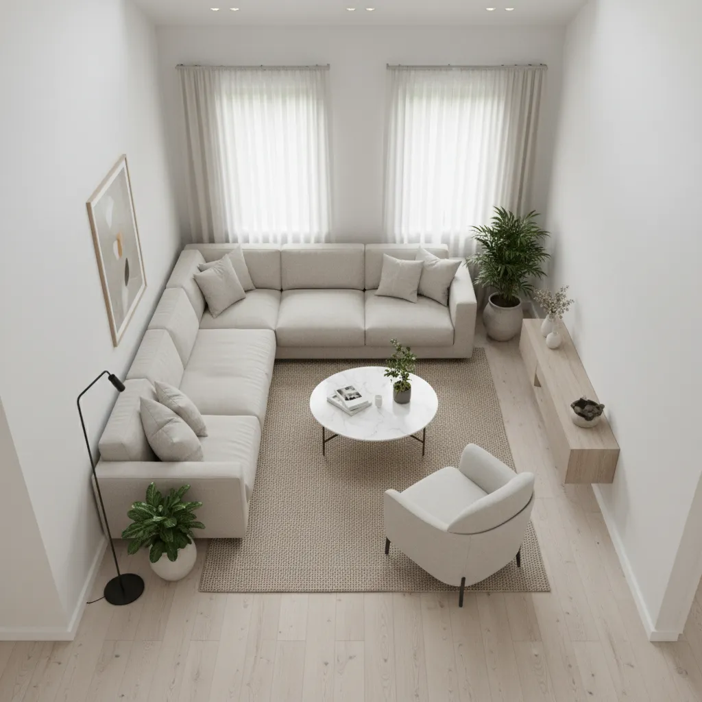 bungalow living room furniture spacing and walking path layout