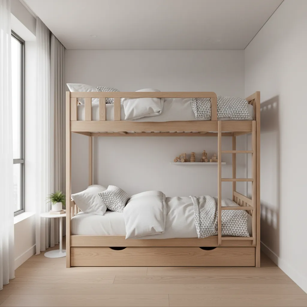 top bunk with safe ceiling clearance in small bedroom