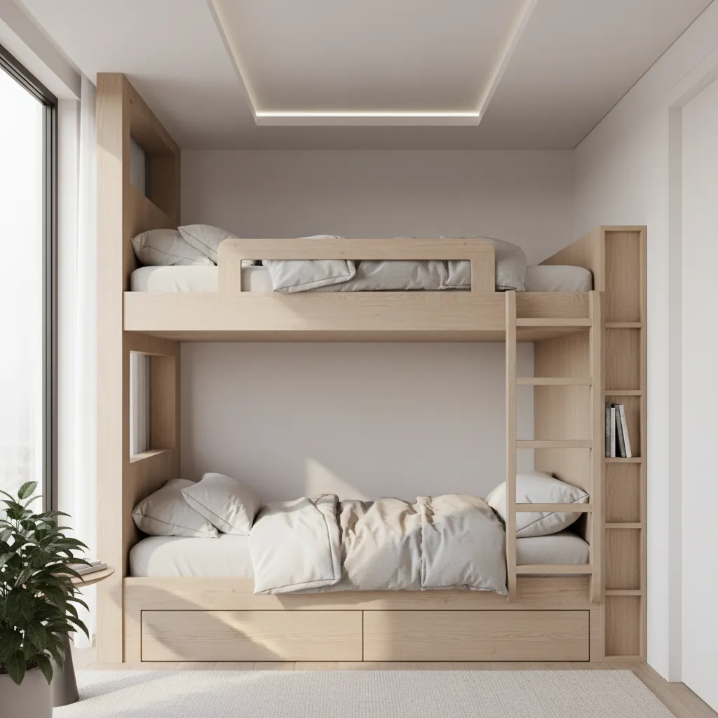 Top bunk mattress positioned close to ceiling showing limited headroom