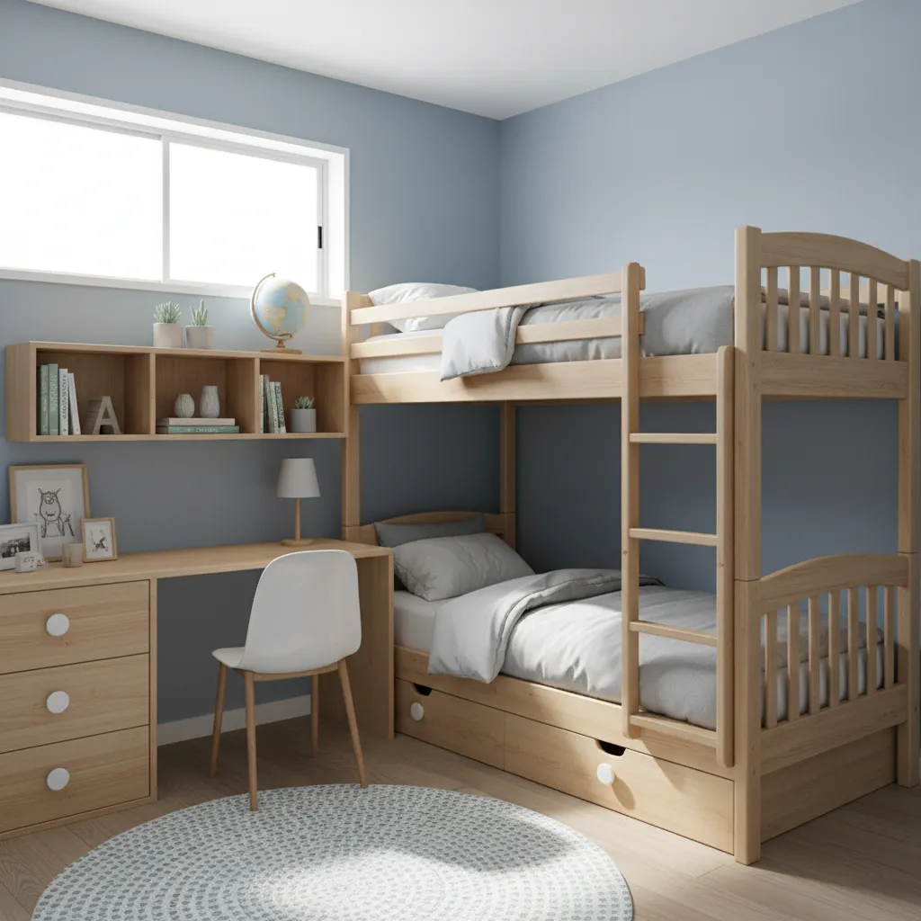 Compact bedroom using bunk bed with desk and dresser arrangement