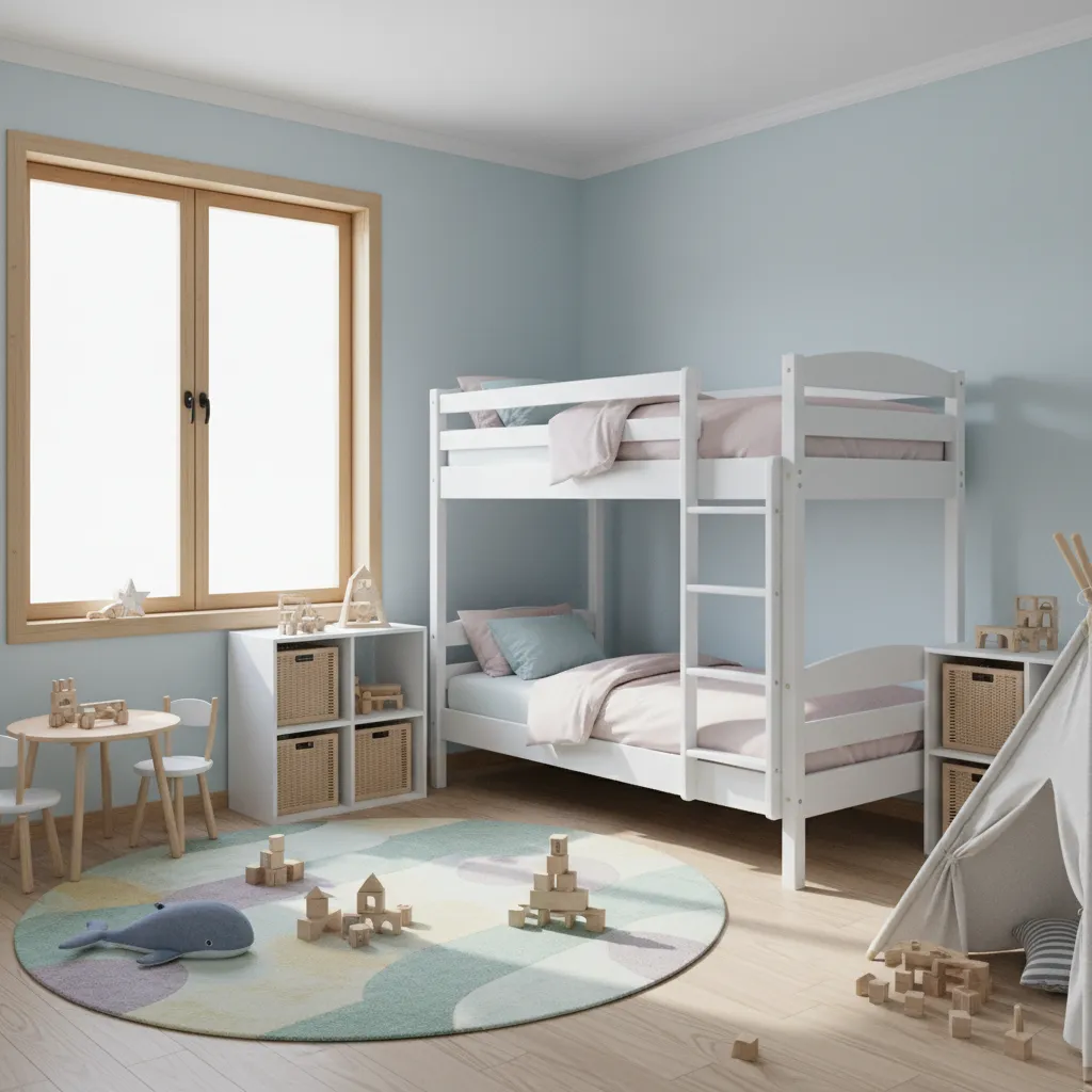 Shared kids bedroom with bunk bed and play space