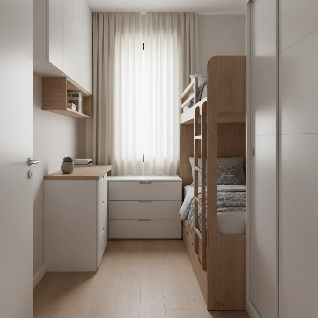 Bunk bed ladder positioned in narrow space between furniture in small bedroom