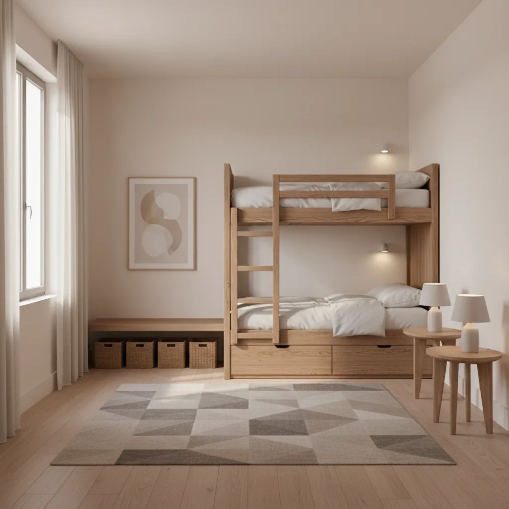 bunk bed layout in a small shared 10x10 bedroom with open floor space