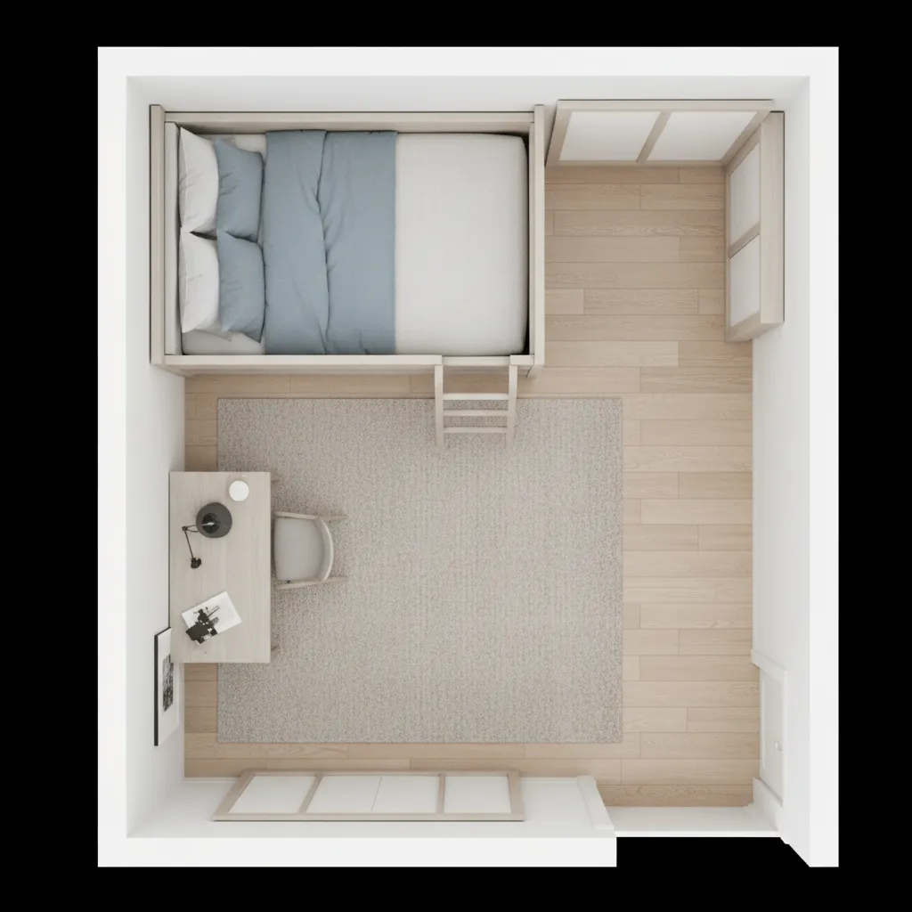 Top view layout showing bunk bed placement in small bedroom
